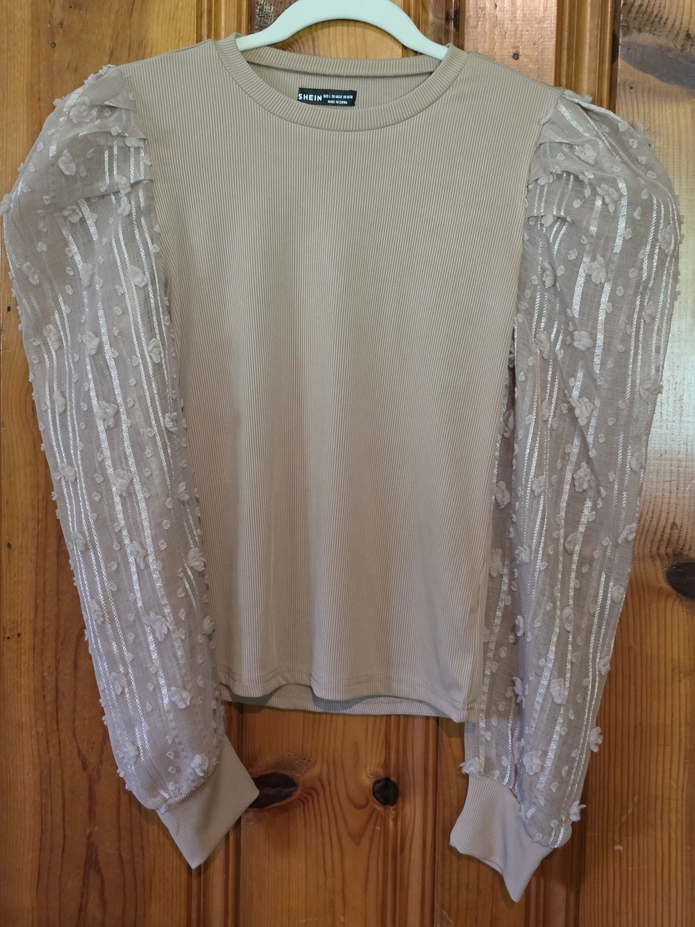 SHEIN Taupe Ribbed Knit Top with Sheer Floral Puff Sleeves